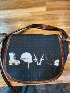 Black Canvas Military Graphic Crossbody Bag with Brown Trim